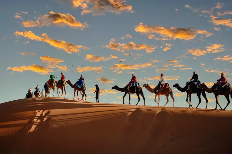 A camel caravan crossing the dunes