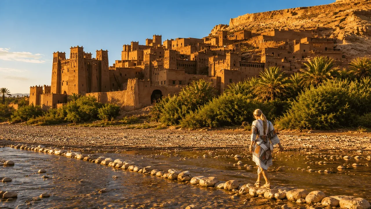 A traveller crossing the river stepping stones at golden hour below the earthen kasbah of Ait Ben Haddou