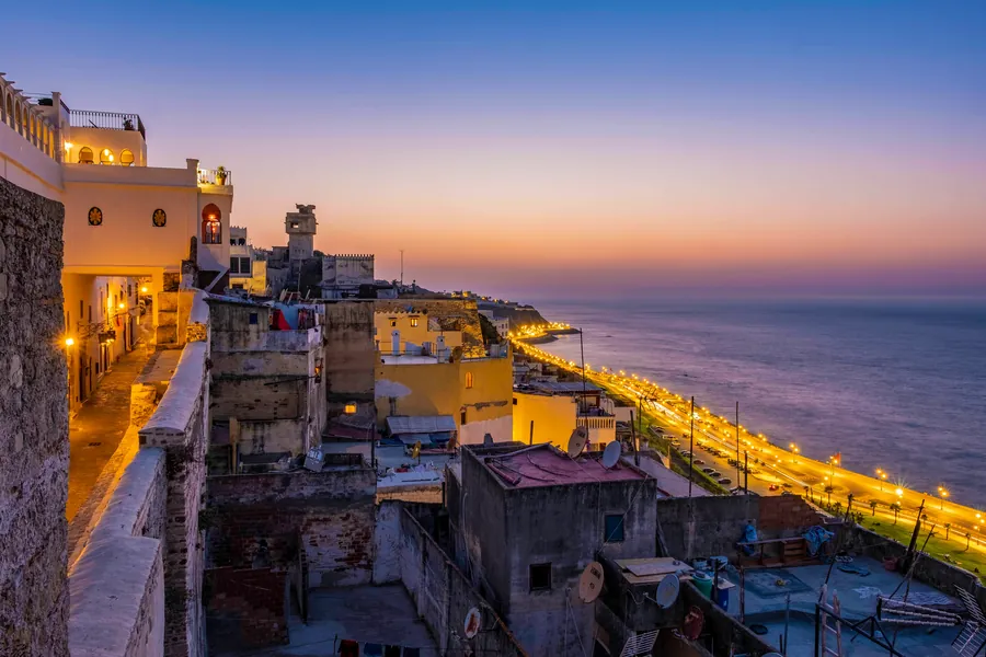 Tangier and the Mediterranean coastline at sunset